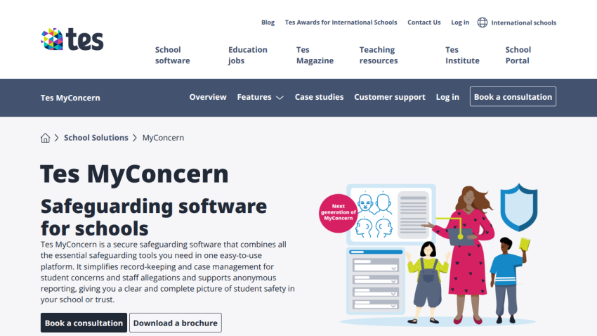 Tes MyConcern safeguarding software for schools with description and options to book consultation or download brochure