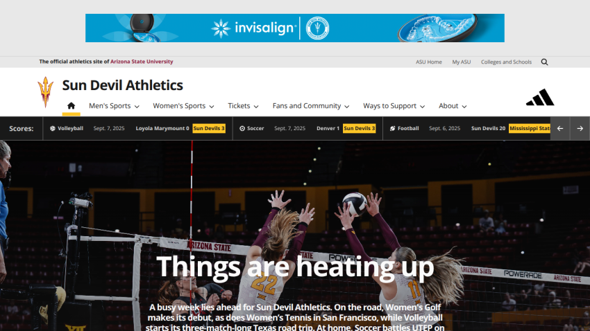 Sun Devil Athletics homepage featuring volleyball players with the headline 'Things are heating up.'