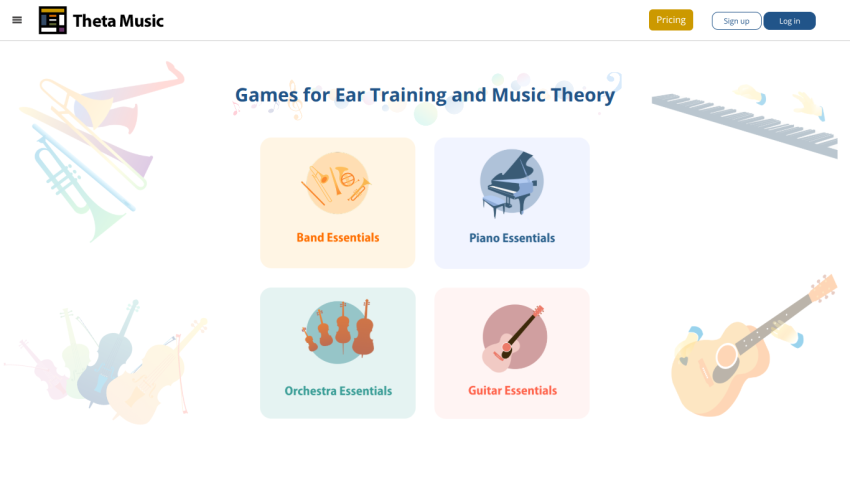 Theta Music homepage offering games for ear training and music theory with options for Band, Piano, Orchestra, and Guitar Essentials