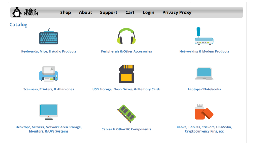 Think Penguin online catalog with categories for keyboards, peripherals, networking, printers, storage, laptops, desktops, cables, and merchandise.