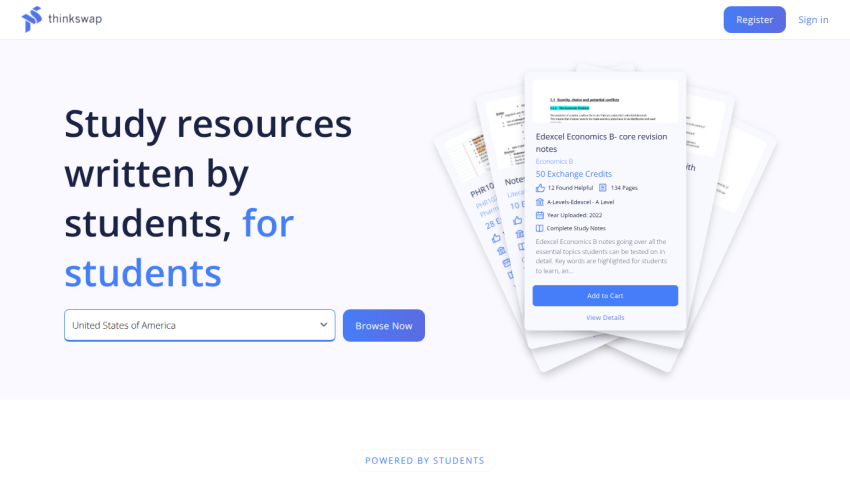 Thinkswap homepage offering study resources written by students, with a country selector and browse button