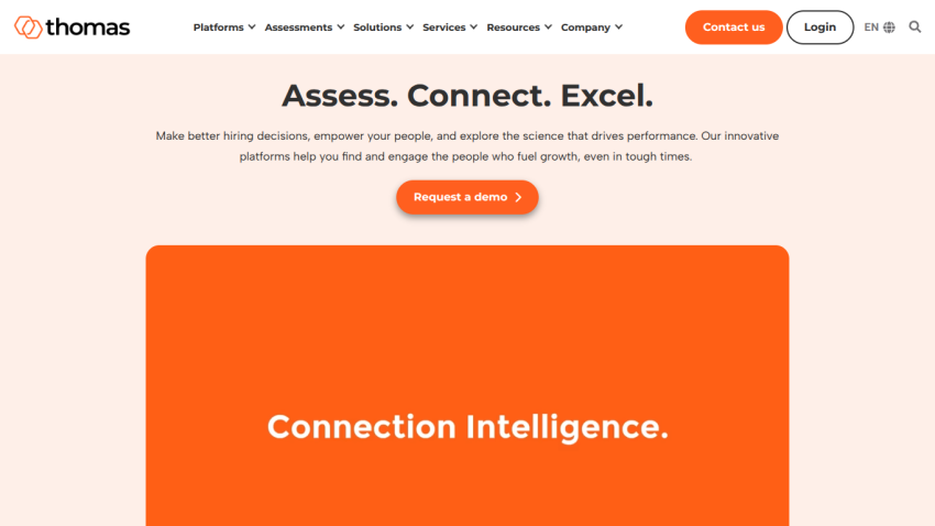 Website header with navigation and a hero section featuring 'Connection Intelligence' and a call-to-action button