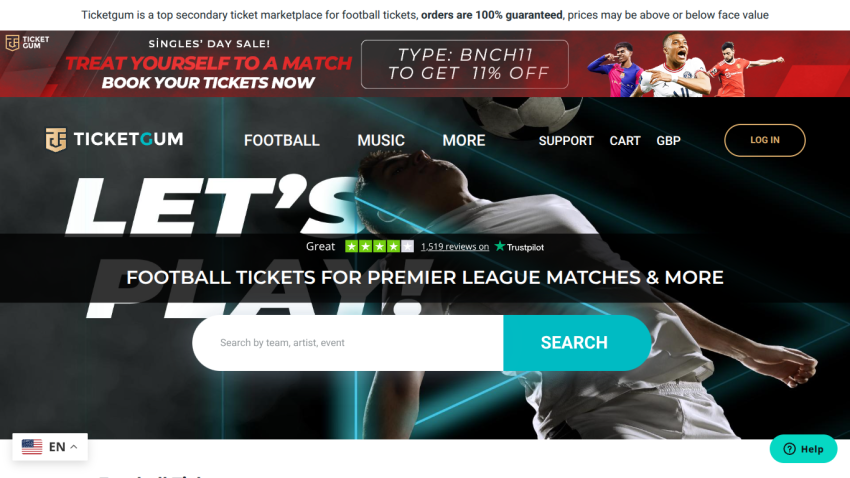 Ticketgum homepage with football ticket search, Singles' Day sale banner, and navigation menu
