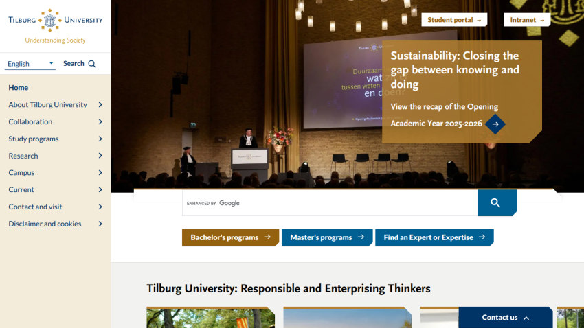 Tilburg University homepage featuring sustainability event and navigation options.