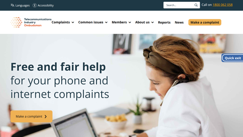 Telecommunications Industry Ombudsman offering free and fair help for phone and internet complaints with a call to action button
