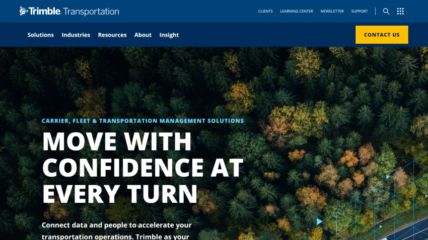 Transportation management solutions website with headline 'Move with confidence at every turn' and navigation links