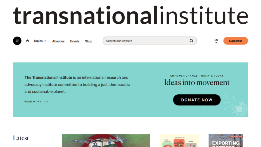Transnational Institute homepage featuring a search bar and a call to action for donations.