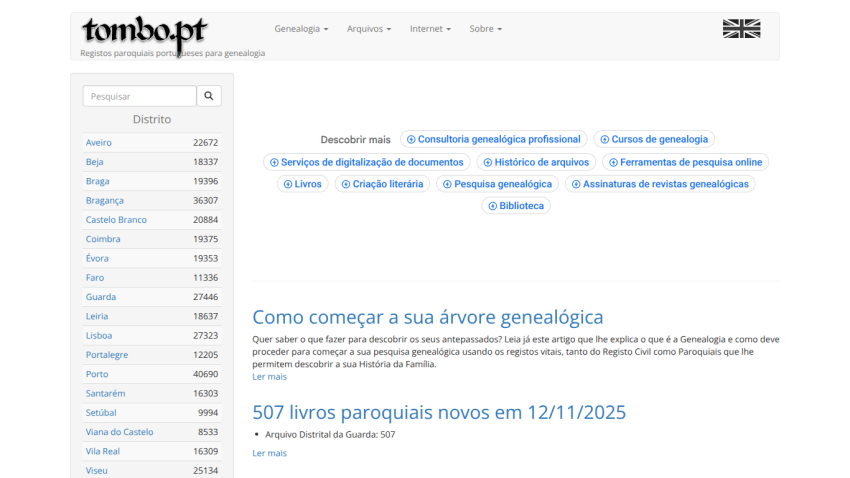tombo.pt website showing genealogy records navigation and articles on starting a family tree and new parish books