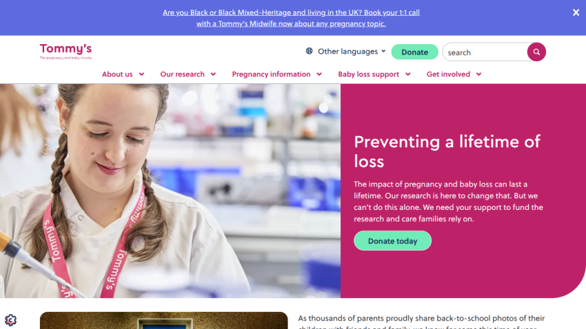 Tommy's website promoting support for pregnancy loss prevention with a call to action to donate.