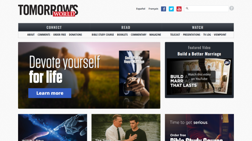 Tomorrow's World website with navigation and featured content on life devotion, marriage, and Bible study