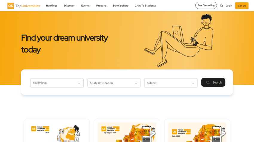Search interface for finding universities with options for travel level, destination, and subject.