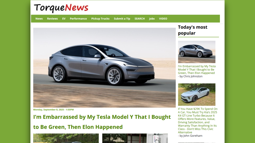 Homepage of TorqueNews featuring a Tesla Model Y article and navigation menu.