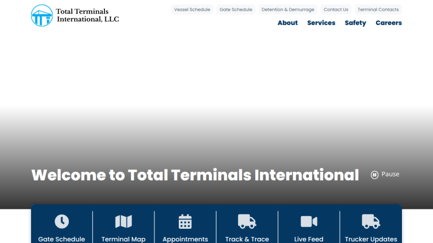 Total Terminals International homepage with navigation links and welcome message