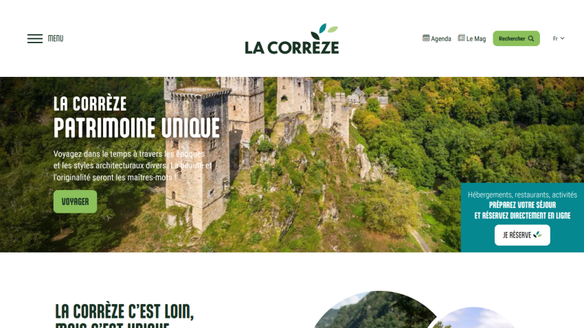 Tourism site for La Corrèze showcasing unique heritage with a castle image and travel invitation