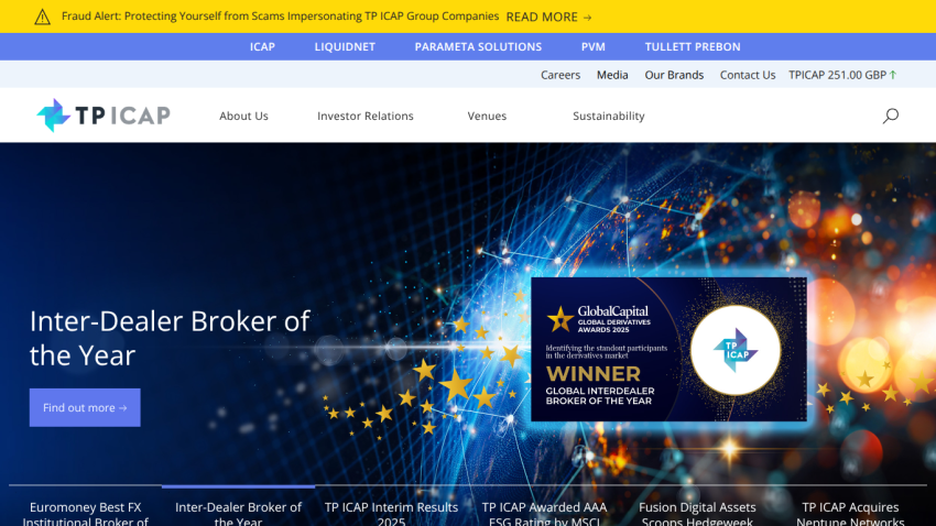Homepage of TP ICAP showing Inter-Dealer Broker of the Year award and navigation menu
