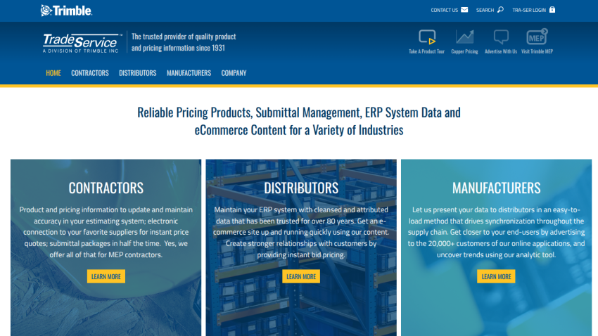 Trimble Trade Service homepage with navigation and sections for contractors, distributors, and manufacturers