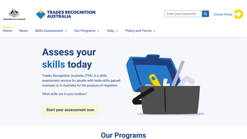 Trades Recognition Australia homepage with navigation, search bar, and call to action to start skills assessment