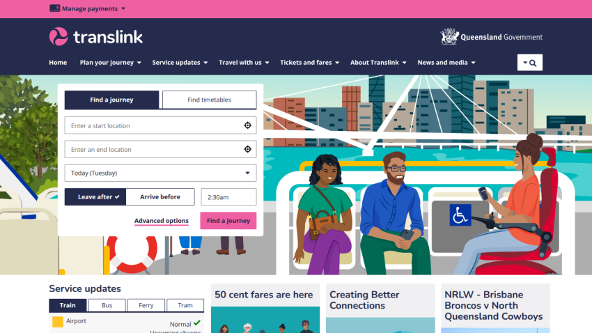 Translink homepage featuring journey planning options and service updates.