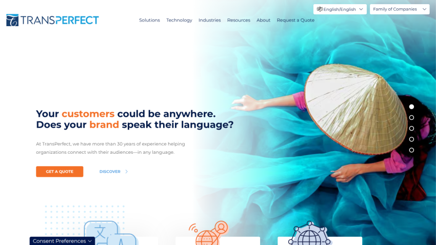 Homepage of TransPerfect showcasing language services with a vibrant background and key message.