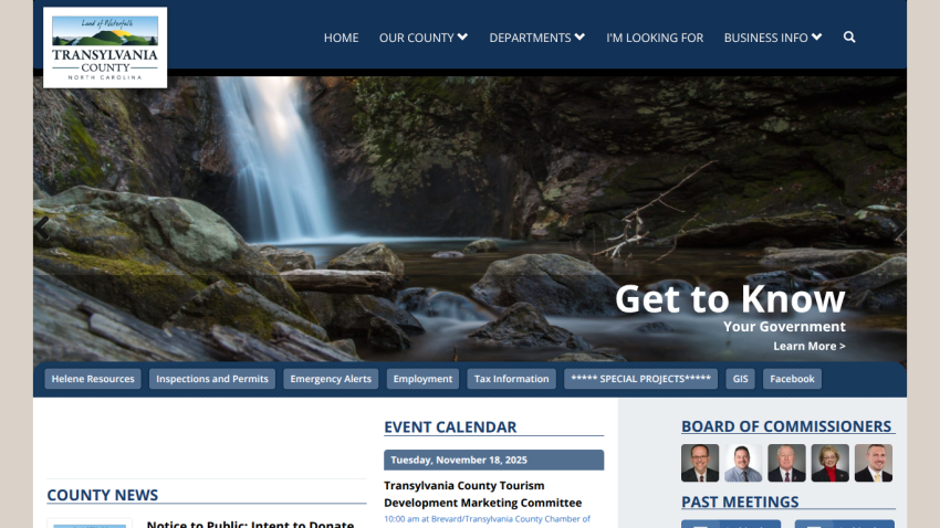 Transylvania County North Carolina official site with navigation, hero image, event calendar, and board of commissioners info