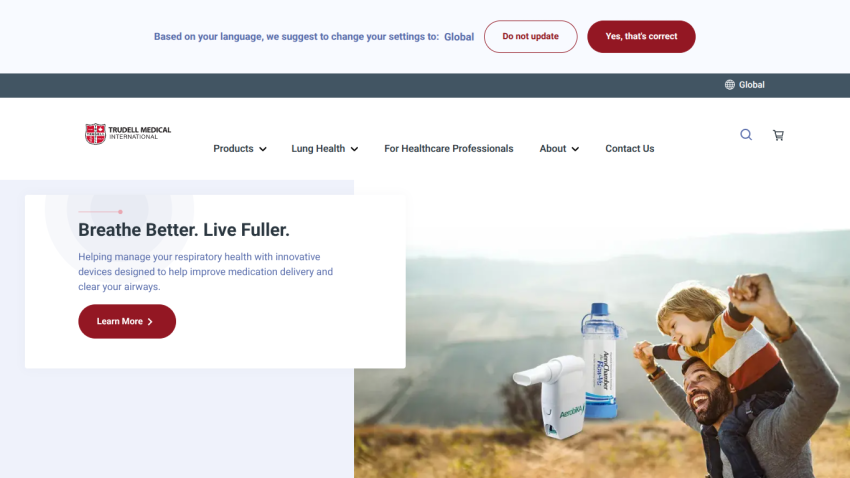 Trudell Medical International homepage with respiratory health message and image of man carrying child with medical devices