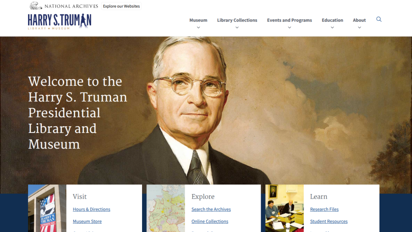 Homepage of the Harry S. Truman Presidential Library featuring a welcome message and a portrait of Truman.
