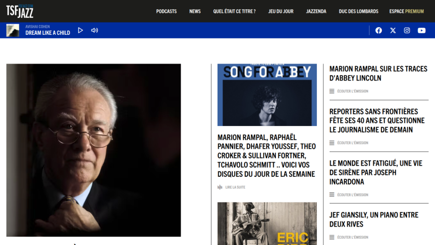 TSF Jazz website with navigation menu, featured jazz articles, and a portrait of an older man in glasses