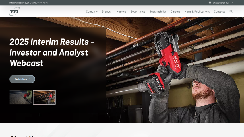 2025 Interim Results investor and analyst webcast announcement with a man using a power tool under pipes.