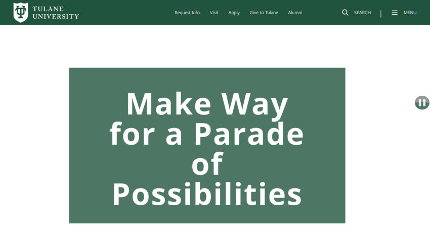 Homepage of Tulane University featuring a headline about a parade of possibilities.