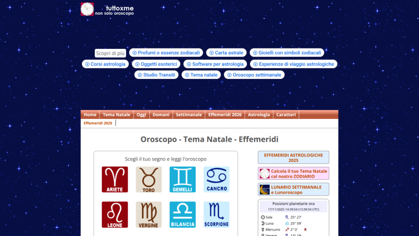 Astrology website homepage with navigation menu and zodiac sign selection for horoscope reading