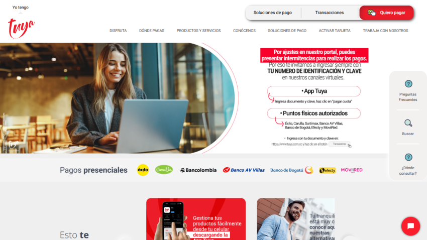 Payment options page showing in-person payment methods with logos and a smiling woman using a laptop