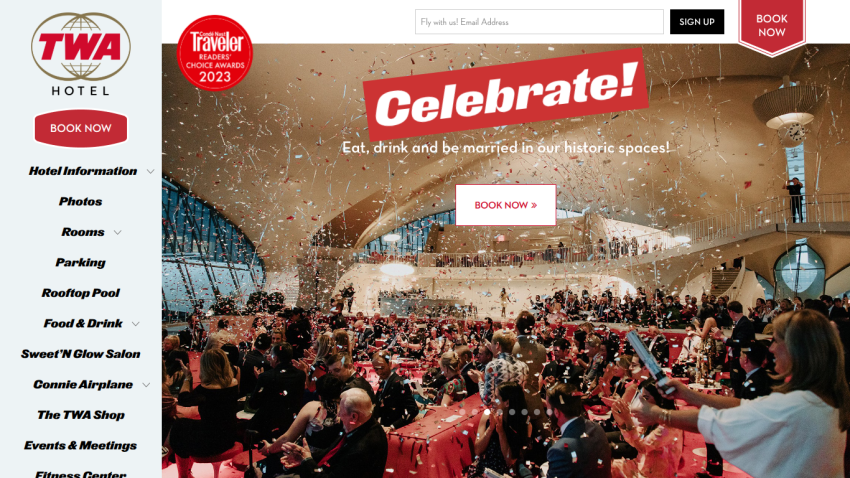 TWA Hotel website with a celebration event photo, booking options, and navigation menu