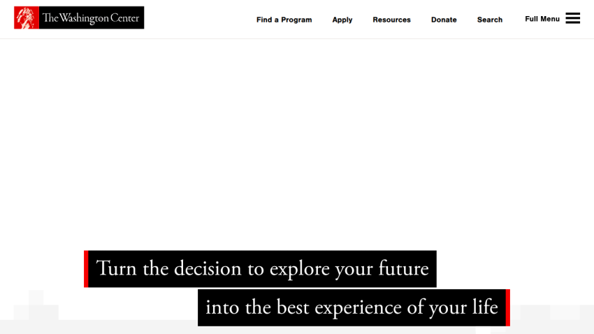 The Washington Center website header with navigation and a motivational hero message about exploring your future