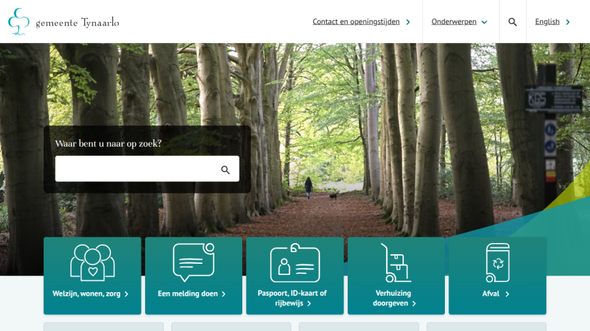 Municipality of Tynaarlo website with search bar and navigation for welfare, reports, ID documents, moving, and waste services
