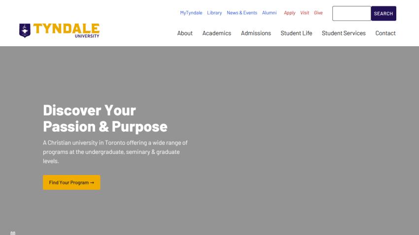 Tyndale University homepage with navigation links and a call to action to find programs at a Christian university in Toronto