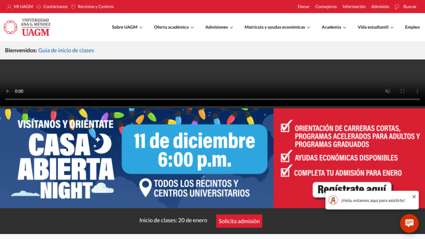 Universidad Ana G. Méndez website promoting Open House Night on December 11 at 6:00 p.m. with academic and admission info