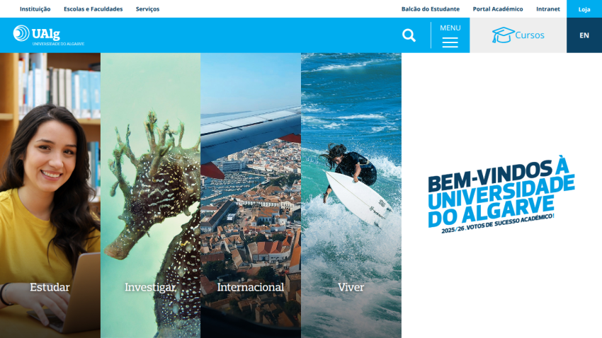Welcome message and images representing university programs at Universidade do Algarve.