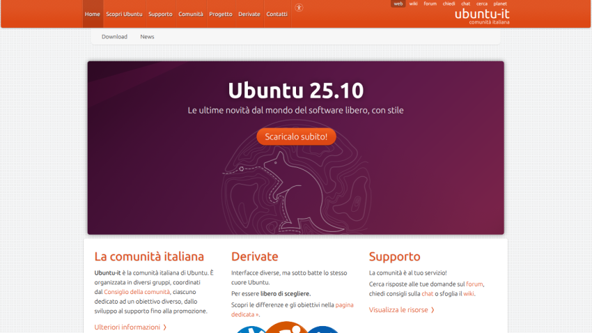 Ubuntu 25.10 Italian community page with download button and sections on community, derivative, and support