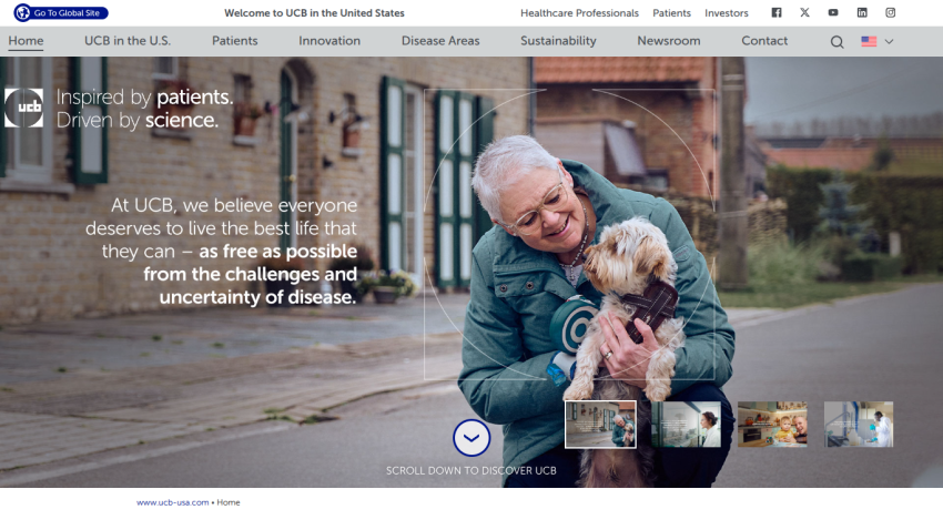 UCB homepage with navigation menu, slogan about patients and science, and image of person hugging a dog