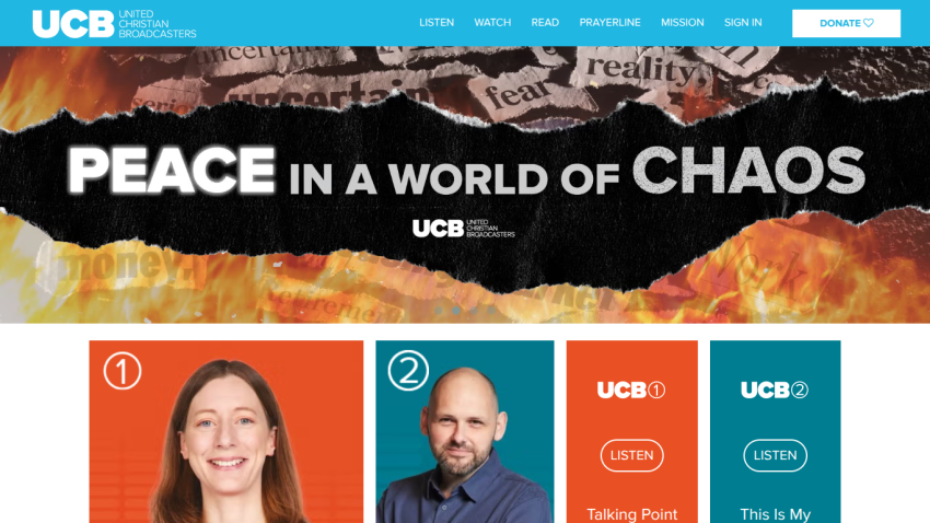 United Christian Broadcasters website with navigation and hero banner stating Peace in a World of Chaos