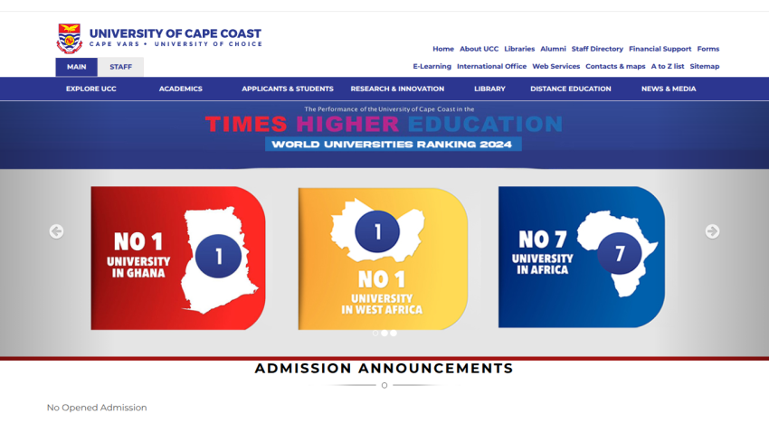 University of Cape Coast ranking highlights and admission announcements section.