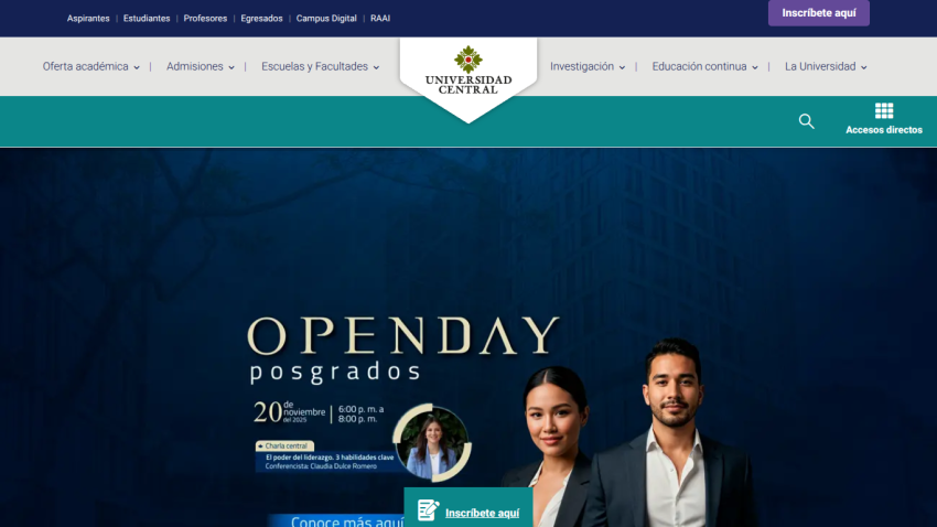 Universidad Central Open Day for postgraduate studies on November 20, 2025, with leadership talk by Claudia Dulce Romero