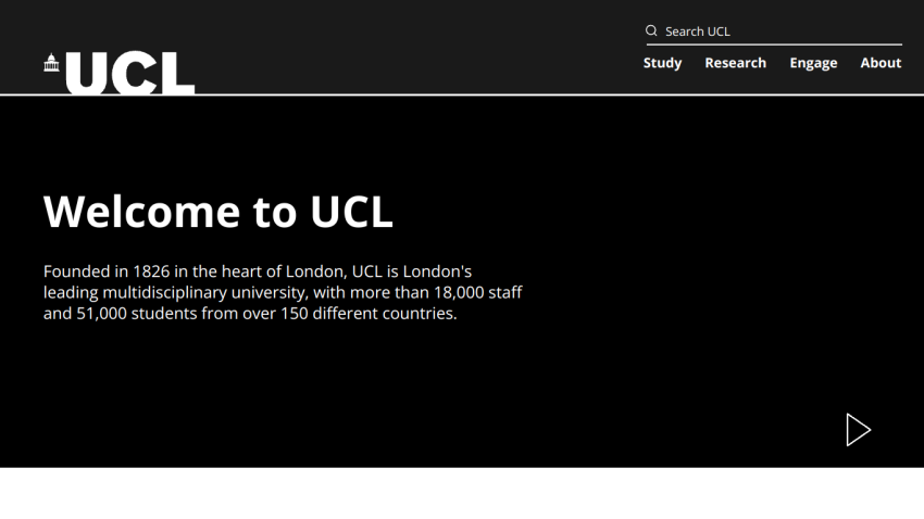 UCL homepage with welcome message and brief description of the university.