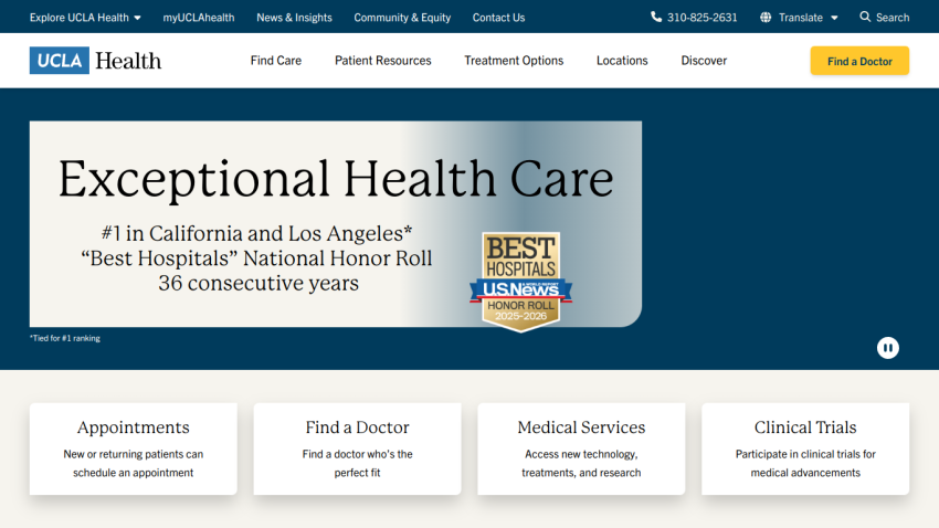 UCLA Health homepage featuring 'Exceptional Health Care' and navigation options.