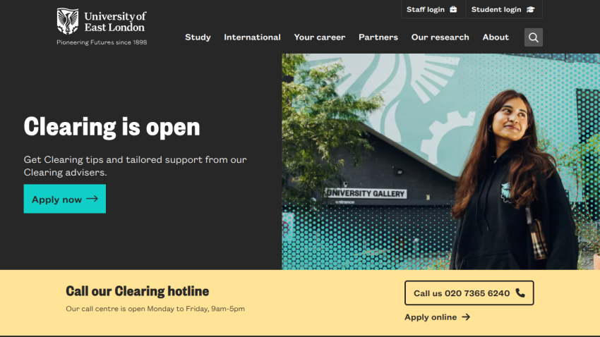 University of East London homepage promoting Clearing with a call to action.