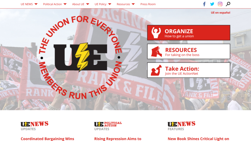 Union website homepage with navigation, call-to-action buttons for organizing, resources, and taking action, and news updates