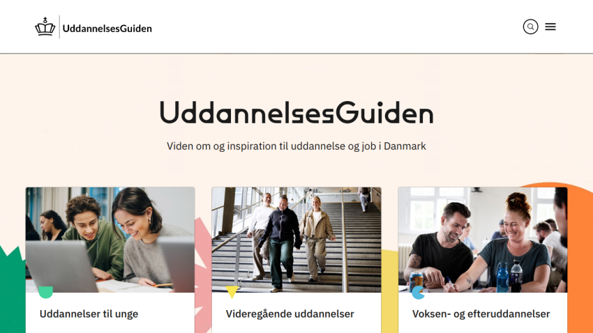 UddannelsesGuiden homepage offering knowledge and inspiration for education and jobs in Denmark with sections for youth, higher education, and adult education