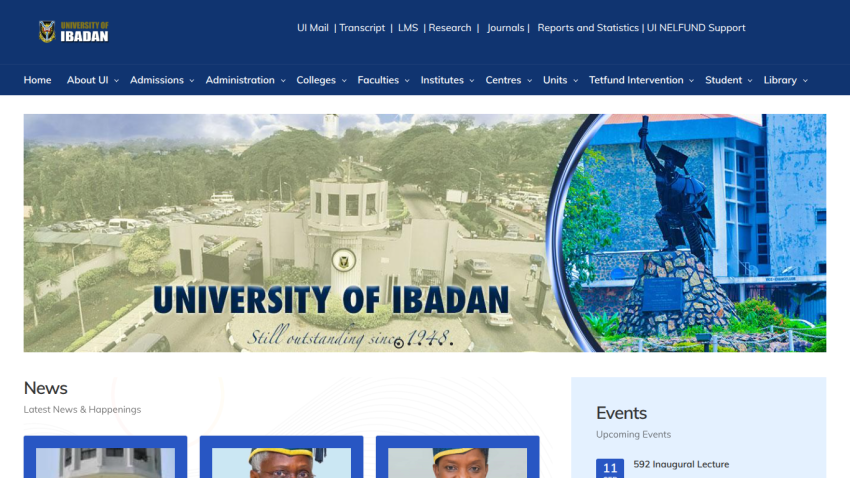 University of Ibadan homepage featuring the university's name and upcoming events.