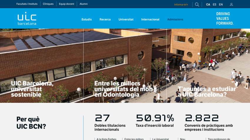UIC Barcelona homepage featuring university sustainability and key statistics.