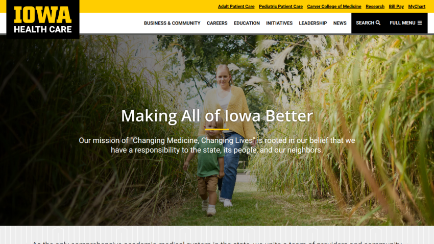 Homepage of Iowa Health Care featuring a family in a field and a mission statement.